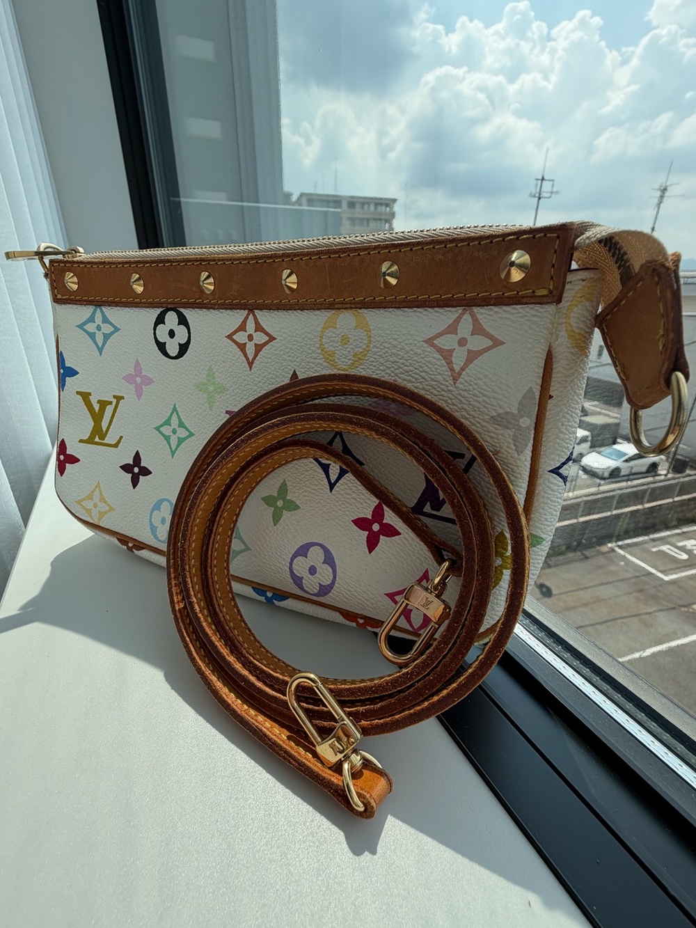 Authentic Louis Vuitton x Takashi Murakami White Multicolore Studded Pochette
